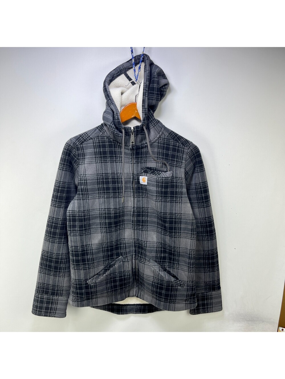 Carhartt Grey Black Plaid Sherpa Hooded Jacket Womens S